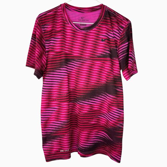 The Nike Tee Dri-Fit T-shirt Unisex Womens Size Small Pink Red Black Lines - Picture 1 of 10